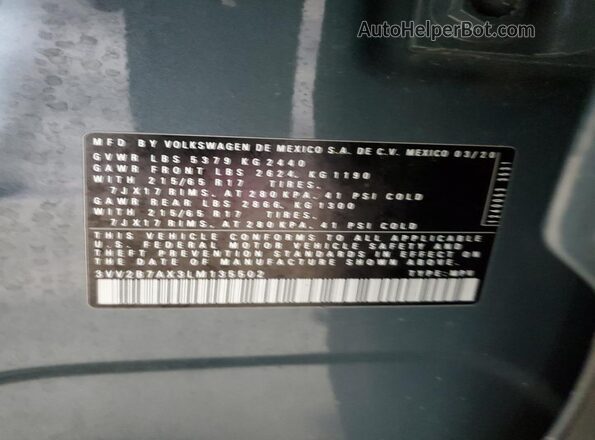 3VV2B7AX3LM135502 2020 VOLKSWAGEN TIGUAN Green VIN կոդի պիտակի տեսք