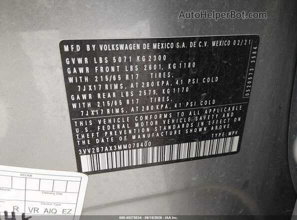 3VV2B7AX3MM078400 2021 VOLKSWAGEN TIGUAN Blue Vista del compartimento del motor