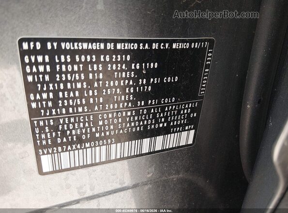 3VV2B7AX4JM030593 2018 VOLKSWAGEN TIGUAN Gray Շարժիչի բաժամունքի տեսք