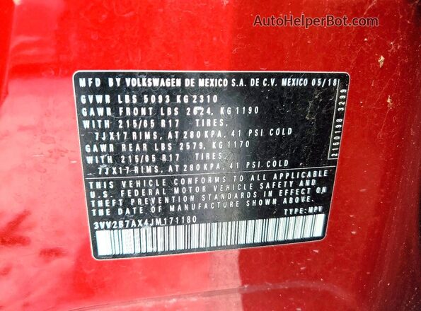 3VV2B7AX4JM171180 2018 VOLKSWAGEN TIGUAN Burgundy 