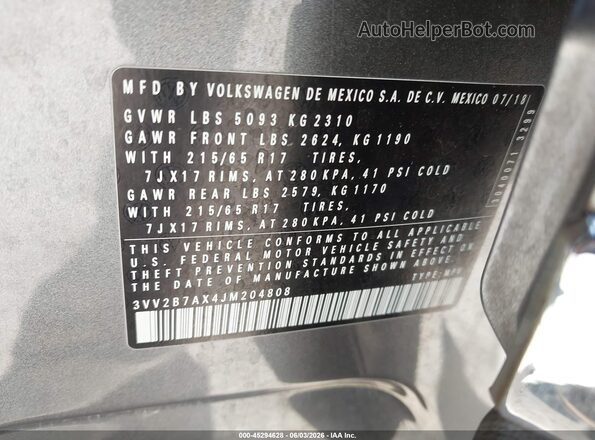 3VV2B7AX4JM204808 2018 VOLKSWAGEN TIGUAN Gray Engine compartment view