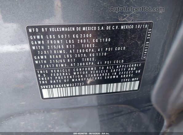 3VV2B7AX4KM027727 2019 VOLKSWAGEN TIGUAN Gray Vista del compartimento del motor
