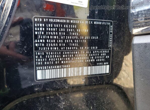 3VV2B7AX4KM079665 2019 VOLKSWAGEN TIGUAN Black Вид наклейки з VIN-кодом