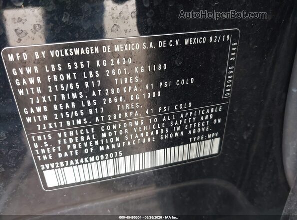 3VV2B7AX4KM092075 2019 VOLKSWAGEN TIGUAN Black Engine compartment view