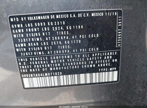 3VV2B7AX4LM071020 2020 VOLKSWAGEN TIGUAN Gray Вид підкапотного простору