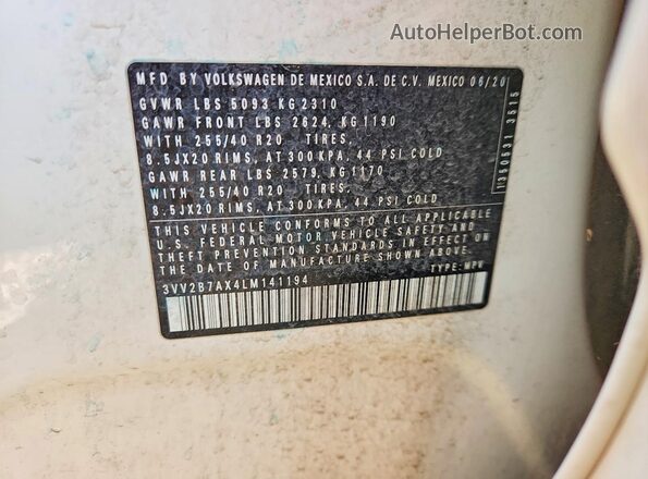 3VV2B7AX4LM141194 2020 VOLKSWAGEN TIGUAN White VIN sticker view