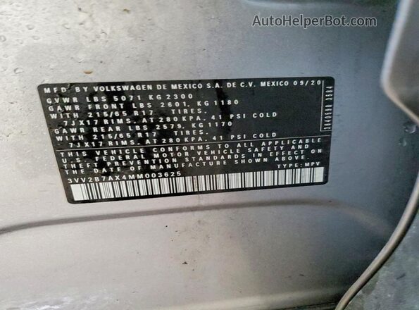 3VV2B7AX4MM003625 2021 VOLKSWAGEN TIGUAN Silver Панорамний вид салону 360°