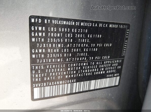 3VV2B7AX4NM026646 2022 VOLKSWAGEN TIGUAN Gray Vista del compartimento del motor