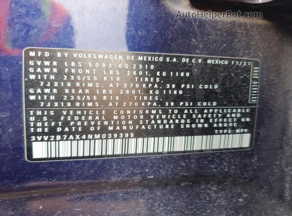 3VV2B7AX4NM039395 2022 VOLKSWAGEN TIGUAN Blue ძრავის განყოფილების ხედი