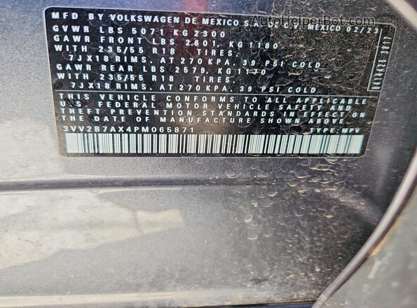 3VV2B7AX4PM065871 2023 VOLKSWAGEN TIGUAN Gray Widok wnętrza 360 stopni