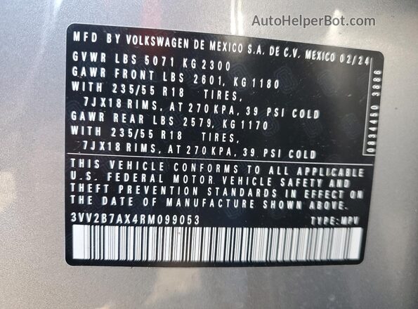 3VV2B7AX4RM099053 2024 VOLKSWAGEN TIGUAN Silver VIN կոդի պիտակի տեսք