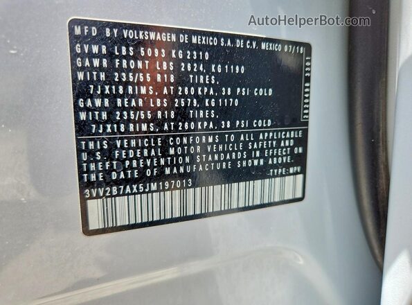 3VV2B7AX5JM197013 2018 VOLKSWAGEN TIGUAN Silver 