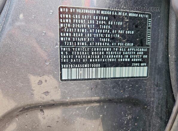 3VV2B7AX5KM010080 2019 VOLKSWAGEN TIGUAN Gray VIN կոդի պիտակի տեսք