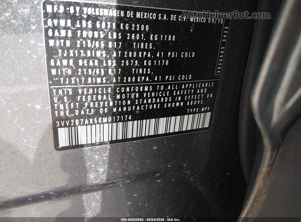 3VV2B7AX5KM017174 2019 VOLKSWAGEN TIGUAN Gray Engine compartment view