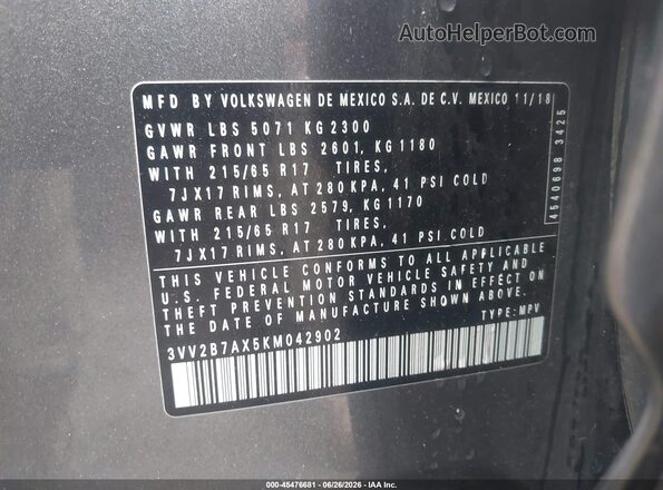 3VV2B7AX5KM042902 2019 VOLKSWAGEN TIGUAN Серый Вид подкапотного пространства