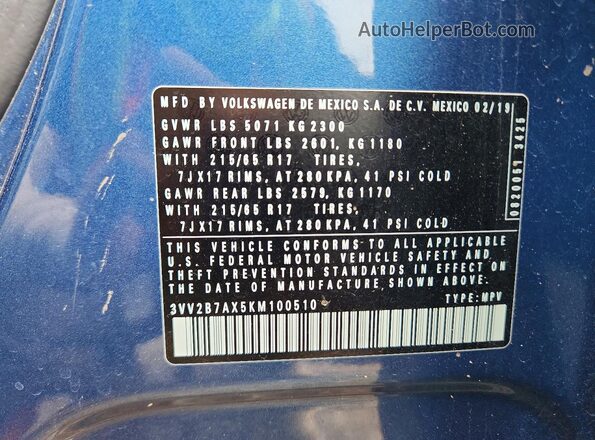 3VV2B7AX5KM100510 2019 VOLKSWAGEN TIGUAN Blue Widok komory silnika