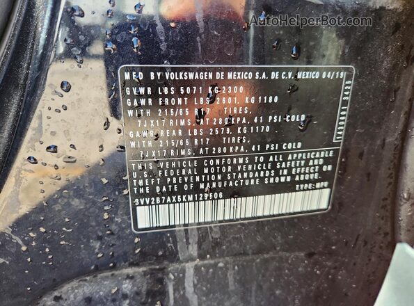 3VV2B7AX5KM129506 2019 VOLKSWAGEN TIGUAN Gray Widok naklejki z numerem VIN
