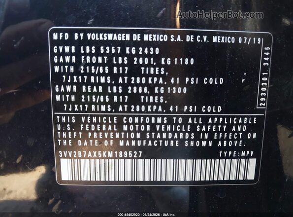 3VV2B7AX5KM189527 2019 VOLKSWAGEN TIGUAN Black Widok komory silnika