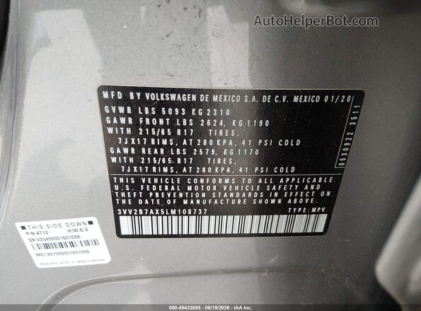 3VV2B7AX5LM108737 2020 VOLKSWAGEN TIGUAN Серебряный Вид подкапотного пространства