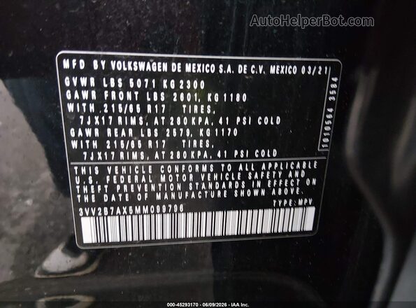 3VV2B7AX5MM099796 2021 VOLKSWAGEN TIGUAN Black Engine compartment view