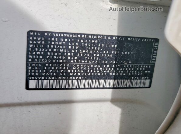 3VV2B7AX5MM106231 2021 VOLKSWAGEN TIGUAN White VIN կոդի պիտակի տեսք