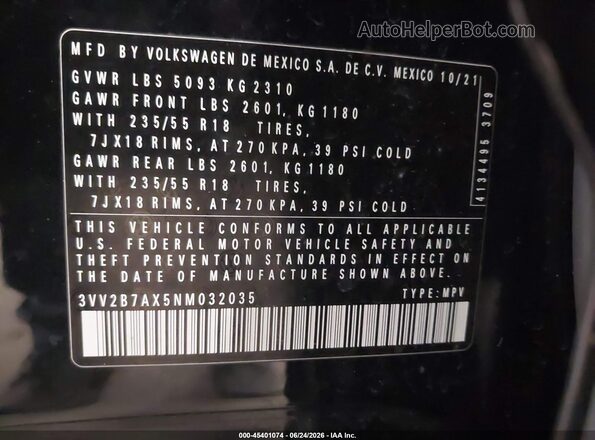 3VV2B7AX5NM032035 2022 VOLKSWAGEN TIGUAN Black Շարժիչի բաժամունքի տեսք