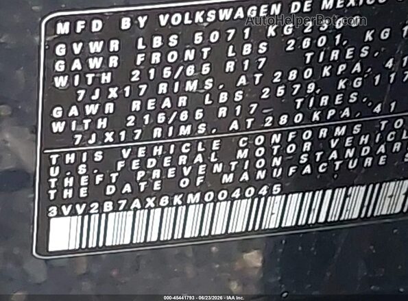 3VV2B7AX6KM004045 2019 VOLKSWAGEN TIGUAN Green ძრავის განყოფილების ხედი