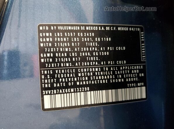 3VV2B7AX6KM132298 2019 VOLKSWAGEN TIGUAN Blue VIN կոդի պիտակի տեսք