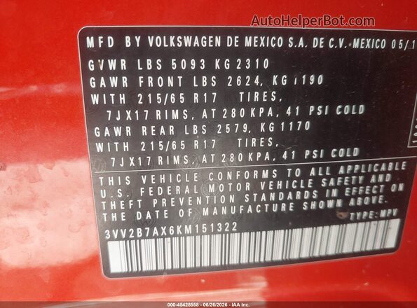 3VV2B7AX6KM151322 2019 VOLKSWAGEN TIGUAN Orange Widok komory silnika