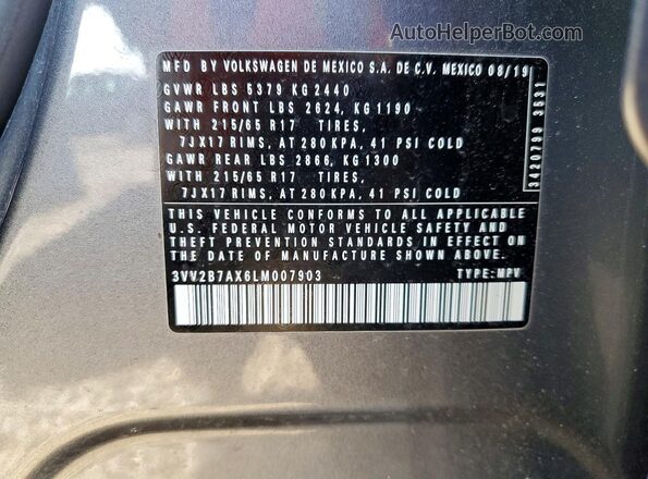 3VV2B7AX6LM007903 2020 VOLKSWAGEN TIGUAN Gray 