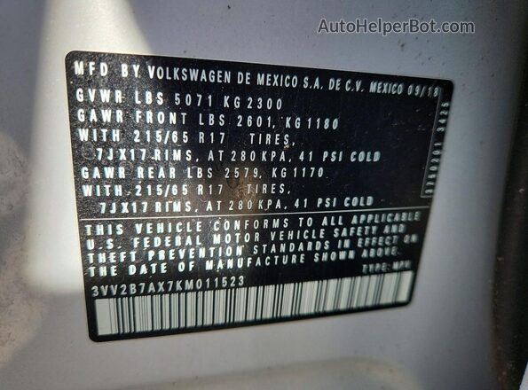 3VV2B7AX7KM011523 2019 VOLKSWAGEN TIGUAN Gray Սալոնի 360 աստիճան տեսք