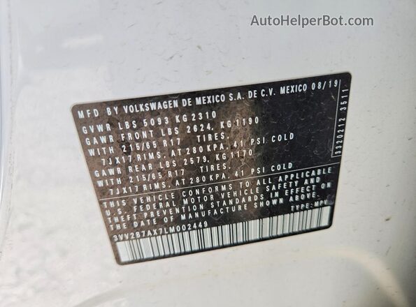3VV2B7AX7LM002449 2020 VOLKSWAGEN TIGUAN White Engine compartment view
