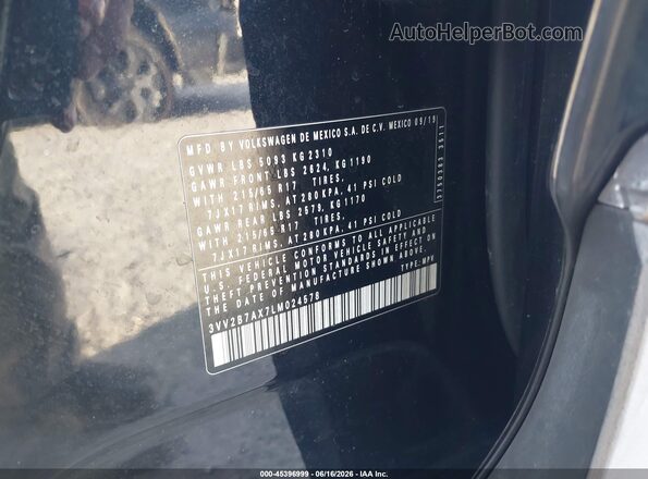 3VV2B7AX7LM024578 2020 VOLKSWAGEN TIGUAN Black Vista del compartimento del motor
