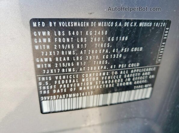 3VV2B7AX7MM014117 2021 VOLKSWAGEN TIGUAN Серебряный Вид наклейки с VIN-кодом