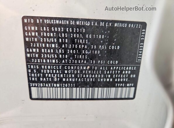 3VV2B7AX7NM126711 2022 VOLKSWAGEN TIGUAN White 360 interior view