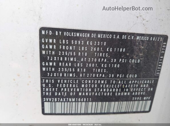 3VV2B7AX7NM164911 2022 VOLKSWAGEN TIGUAN White Շարժիչի բաժամունքի տեսք