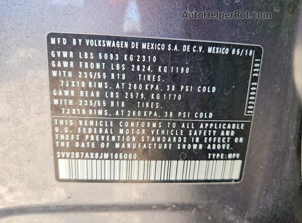 3VV2B7AX8JM165060 2018 VOLKSWAGEN TIGUAN Charcoal Engine compartment view