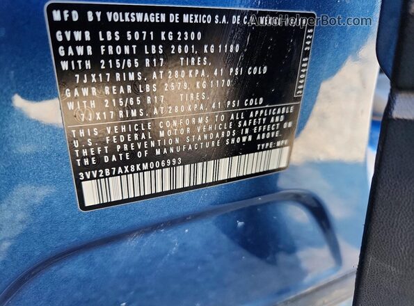 3VV2B7AX8KM006993 2019 VOLKSWAGEN TIGUAN Blue Widok naklejki z numerem VIN