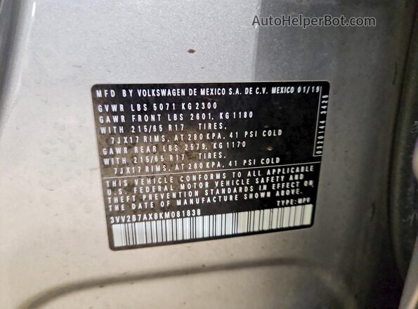 3VV2B7AX8KM081838 2019 VOLKSWAGEN TIGUAN Silver 