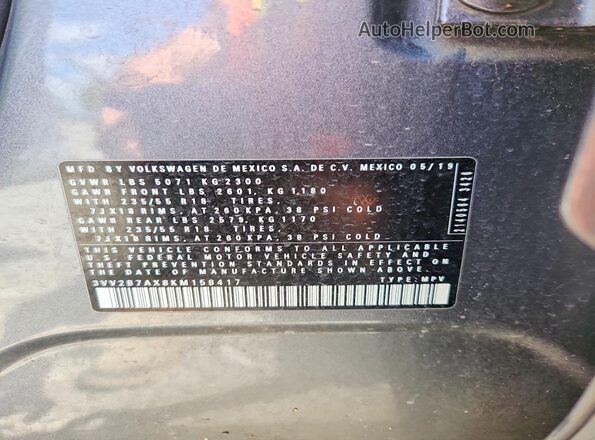 3VV2B7AX8KM158417 2019 VOLKSWAGEN TIGUAN Gray Vista de la etiqueta del VIN