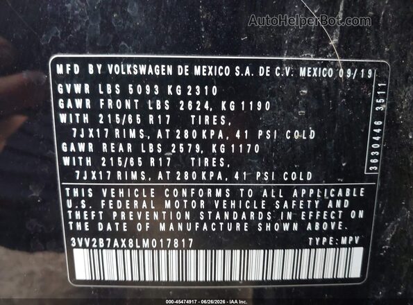 3VV2B7AX8LM017817 2020 VOLKSWAGEN TIGUAN Черный Вид подкапотного пространства