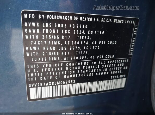3VV2B7AX8LM052583 2020 VOLKSWAGEN TIGUAN Blue Engine compartment view