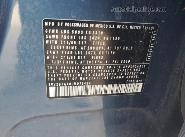 3VV2B7AX8LM076494 2020 VOLKSWAGEN TIGUAN Blue 