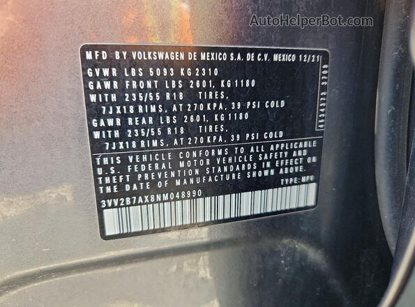 3VV2B7AX8NM048990 2022 VOLKSWAGEN TIGUAN Gray VIN կոդի պիտակի տեսք