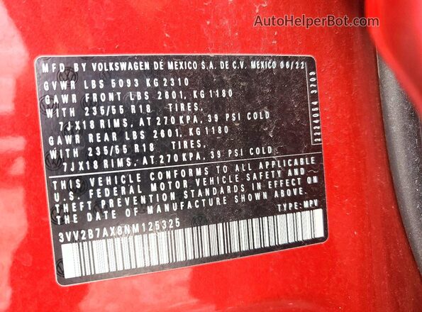 3VV2B7AX8NM125325 2022 VOLKSWAGEN TIGUAN Red VIN კოდის სტიკერის ხედი