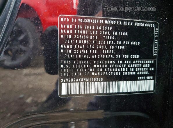 3VV2B7AX8NM129259 2022 VOLKSWAGEN TIGUAN Черный Вид наклейки с VIN-кодом