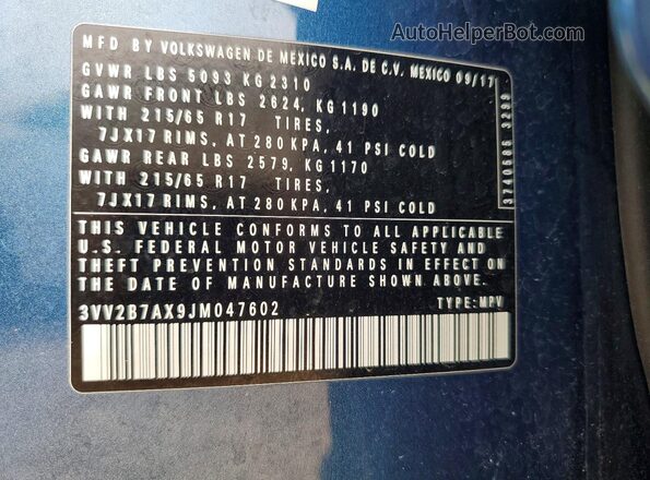 3VV2B7AX9JM047602 2018 VOLKSWAGEN TIGUAN Blue VIN կոդի պիտակի տեսք
