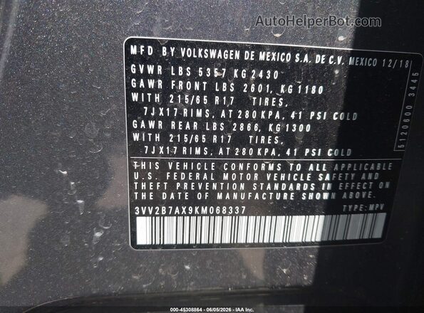 3VV2B7AX9KM068337 2019 VOLKSWAGEN TIGUAN Gray ძრავის განყოფილების ხედი
