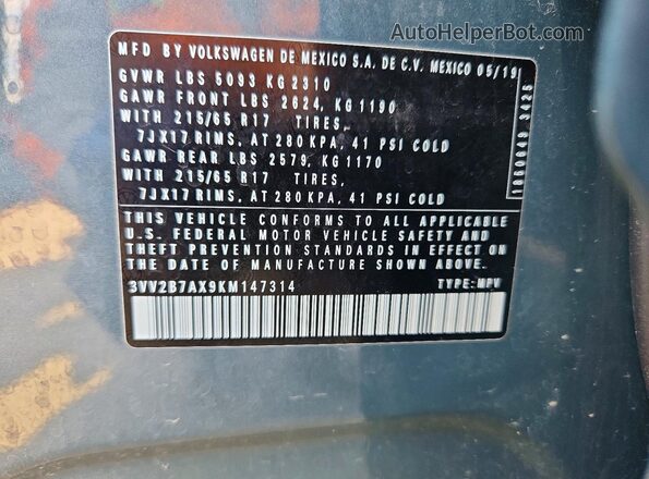 3VV2B7AX9KM147314 2019 VOLKSWAGEN TIGUAN Blue 