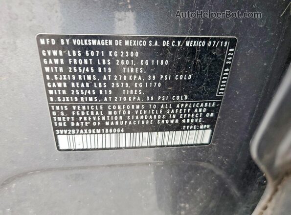 3VV2B7AX9KM186064 2019 VOLKSWAGEN TIGUAN Серый Вид наклейки с VIN-кодом